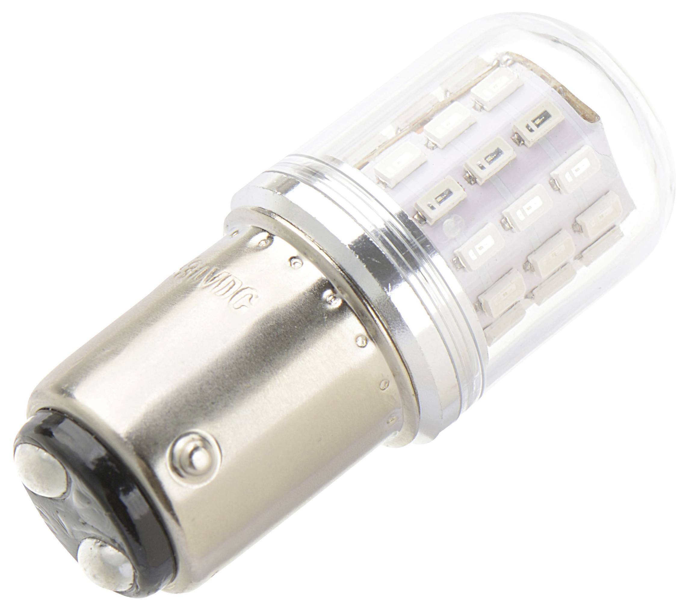 Malá LED žárovka s kovovým podstavcem a několika LED diodami uzavřenými v průhledném plastovém krytu, vhodná pro automobilové nebo rezidenční použití.