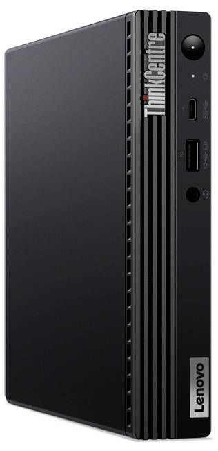 Kompaktní stolní počítač Lenovo ThinkCentre s elegantním černým designem, vybavený předními porty pro USB a audio připojení.