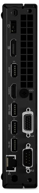 Zadní panel počítače s různými porty uspořádanými svisle: napájení, HDMI, čtyři USB, VGA, Ethernet a sériové připojení.