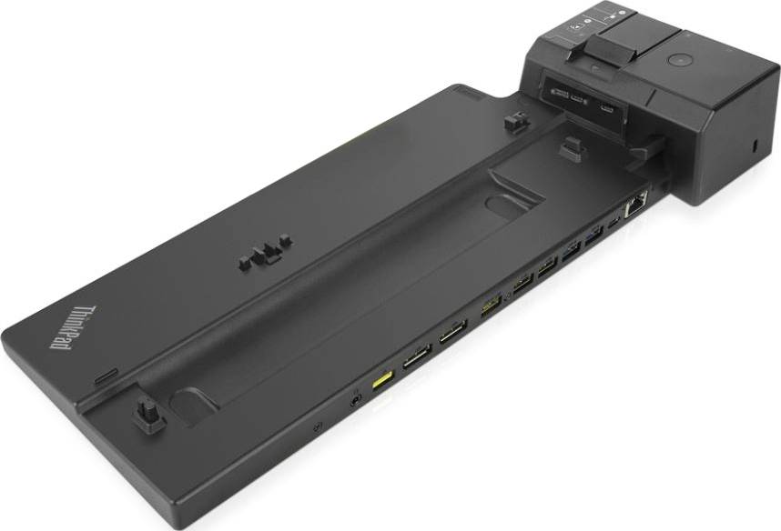 Je zobrazen dokovací stanice Lenovo ThinkPad s různými porty, určená pro připojení notebooků k periferním zařízením a dalším monitorům.