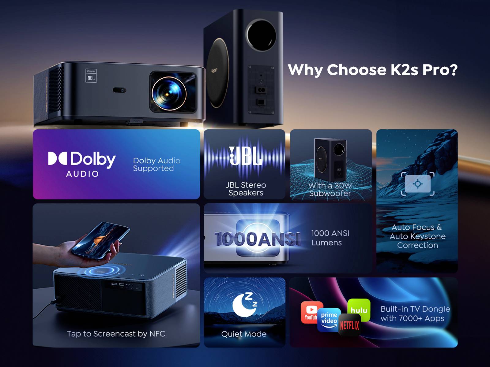 Yaber projektor K2S Pro LCD 800 ANSI-Lumen 1920 x 1080 Full HD Integrované aplikace Smart System, Smart TV-Dongle, Full -12