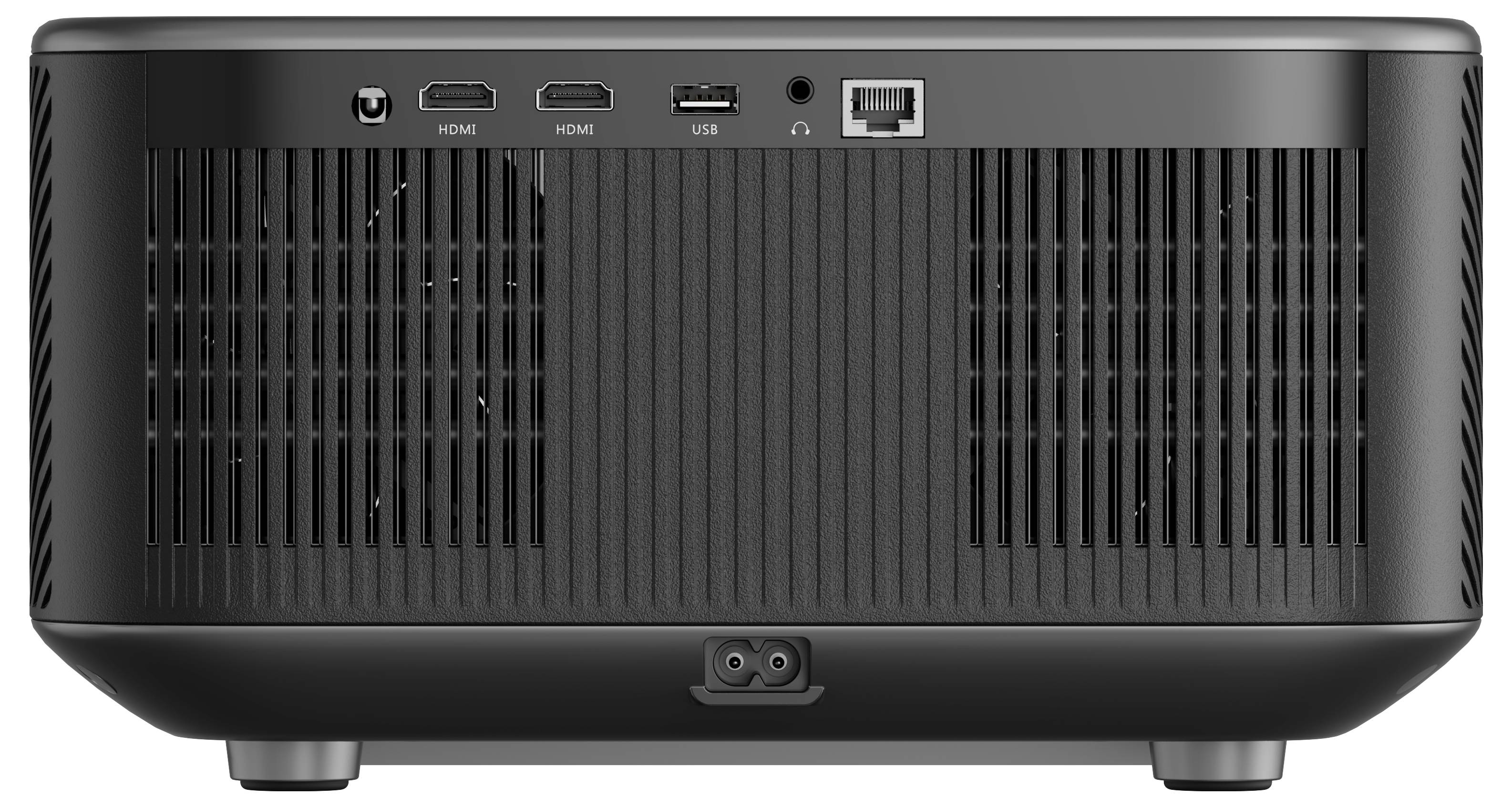 Zadní pohled na elektronické zařízení zobrazující porty HDMI, USB a Ethernet, s větracími mřížkami po obou stranách.