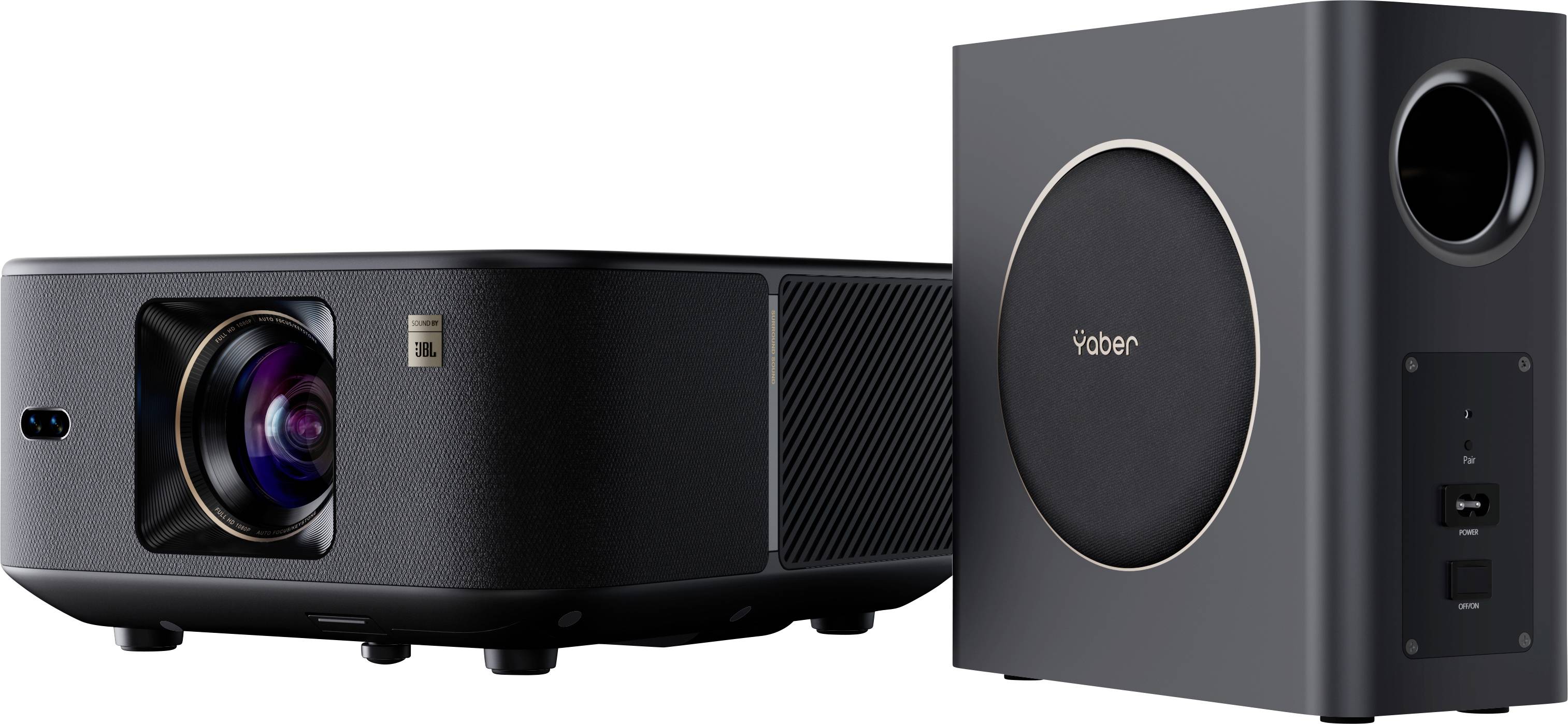 Černý projektor a reproduktor umístěné vedle sebe, které předvádějí svůj elegantní design a moderní estetiku.