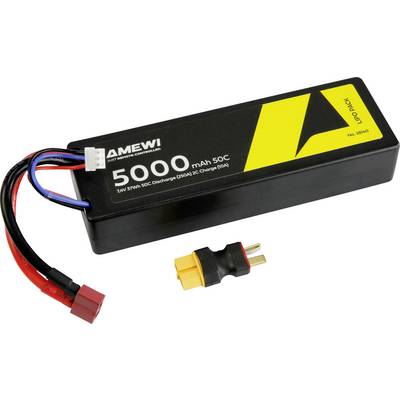 Akumulátor AMEWI Lipo Pack 5000 mAh 50C s konektory a vodiči pro elektronická zařízení, v černém a žlutém designu.