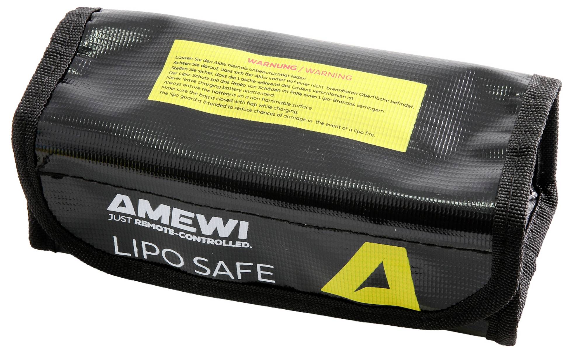 Bezpečnostní taška 'LIPO SAFE' černé barvy od společnosti AMEWI pro uskladnění LiPo baterií, opatřená výstražnou nálepkou na horní straně.