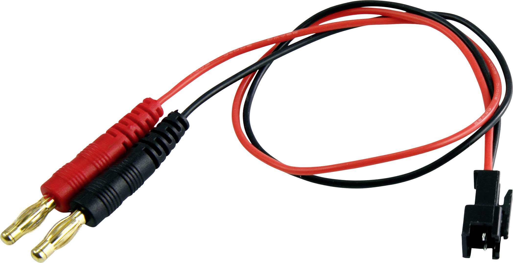 Červeno-černý banánkový propojovací kabel s duálními konektory, používaný pro připojení elektronických zařízení.