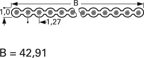 B = 42,91 zobrazeno pomocí diagramu zvlněné čáry, která ukazuje měření 1,0 a 1,27 jednotek mezi kružnicemi podél čáry.