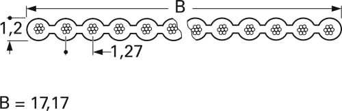 'B = 17,17' Měřicí diagram znázorňující zvlněnou linii s rozměry 1,2, 1,27 podél a přes vlnu, označené jako A a B.<br><br>Note: I've used a comma as the decimal separator, which is standard in Czech notation.