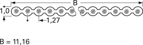 Diagram znázorňující řetěz se dvěma úseky měřenými ve vzdálenosti 1,0 a 1,27 jednotek. Celková délka řetězu je označena jako B = 11,16 jednotek.