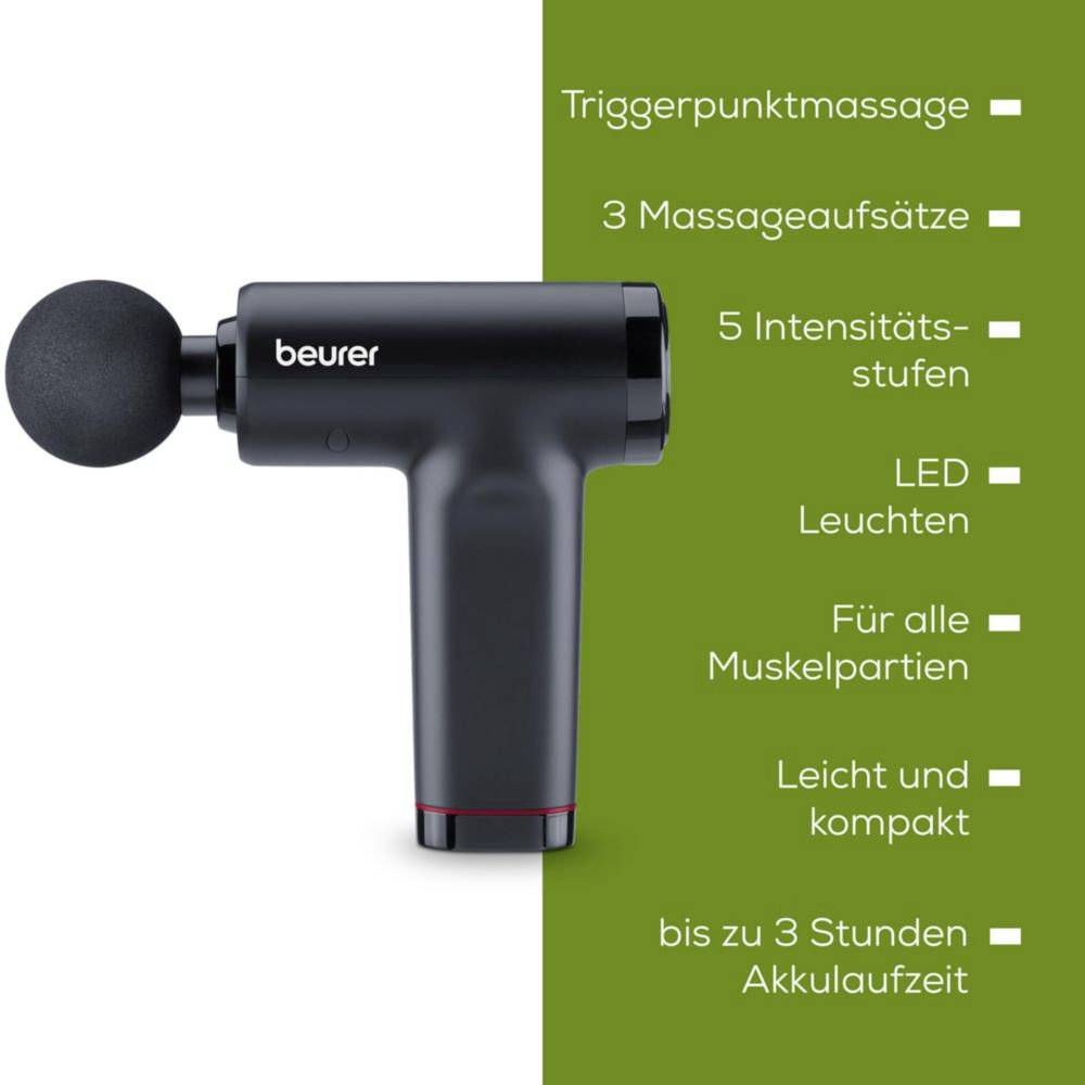 Černá masážní pistole s kulatou hlavicí. Německý text zvýrazňuje vlastnosti: 'masáž trigger points', '3 nástavce', '5 úrovní intenzity', 'LED osvětlení', 'kompaktní a lehká', 'výdrž baterie až 3 hodiny'.