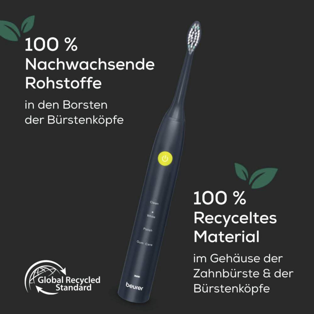 Elektrický zubní kartáček 'Oral-TB' s ekologickými prvky: 100% obnovitelné štětinky a 100% recyklovaný materiál v těle kartáčku a hlavicích.