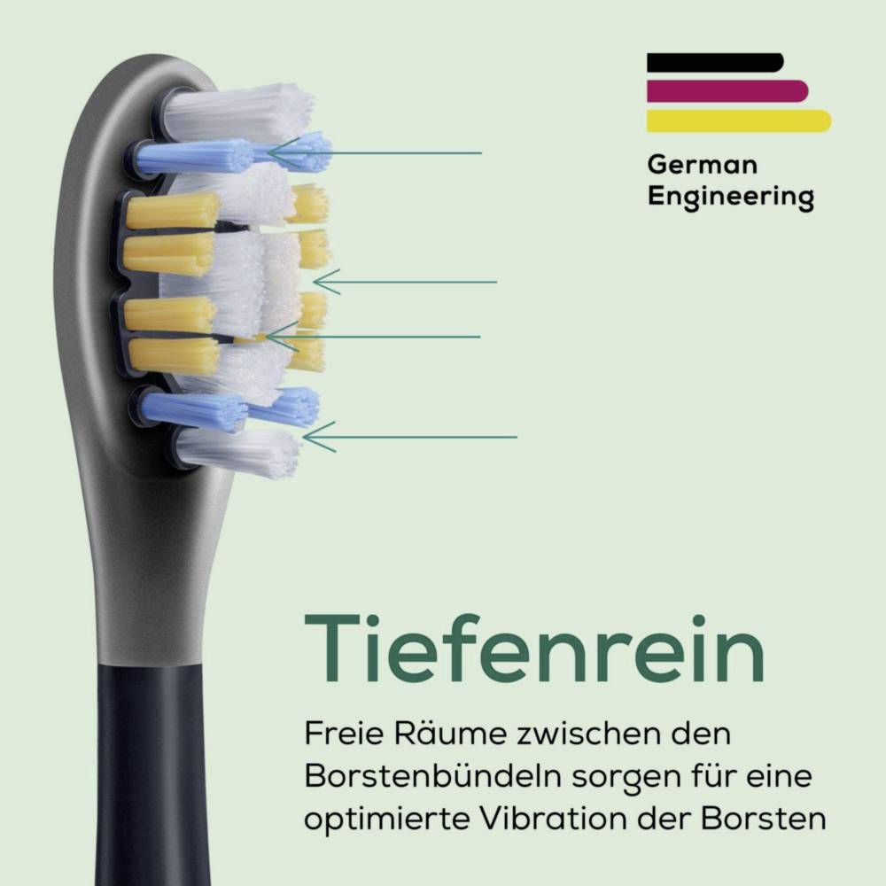 Hlavice zubního kartáčku s nakloněnými štětinkami, označená nápisem 'Tiefenrein'. Text uvádí, že štětinky zlepšují vibrace pro důkladnější čištění.