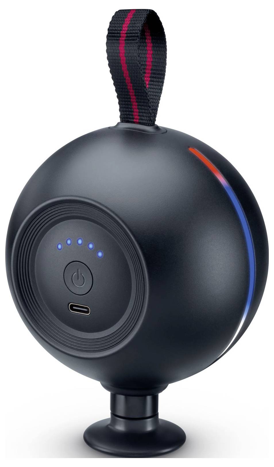 Černý sférický přenosný reproduktor s popruhem, LED indikátory zobrazující stav baterie, vypínačem a USB nabíjecím portem.