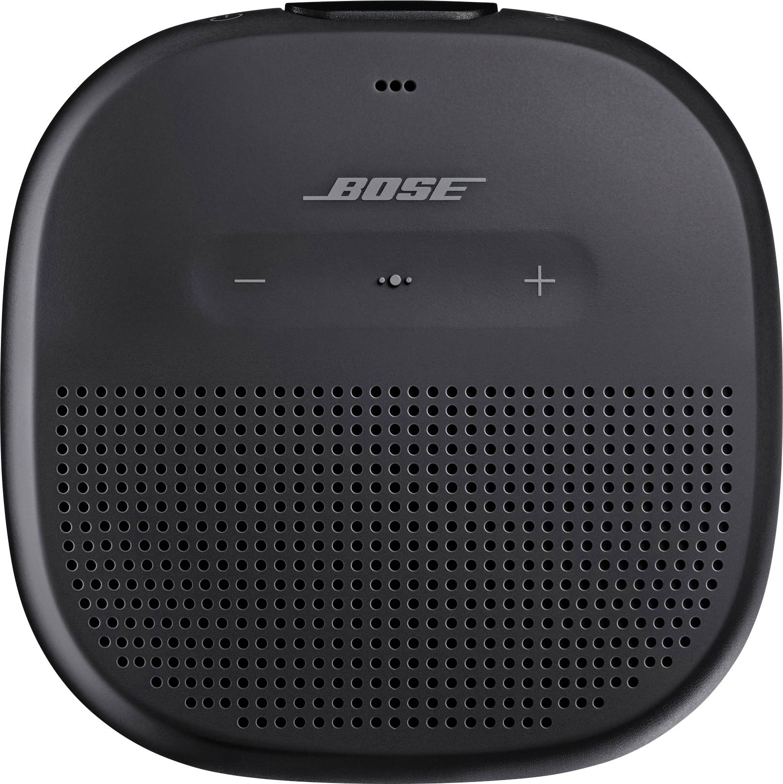 Kompaktní černý přenosný reproduktor Bose s perforovanou mřížkou, tlačítky plus a mínus pro ovládání hlasitosti a logem Bose nahoře.