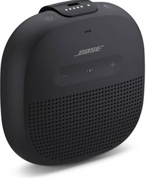Černý přenosný Bluetooth reproduktor s ovládáním hlasitosti a vypínačem umístěnými nahoře; opatřený logem společnosti Bose.