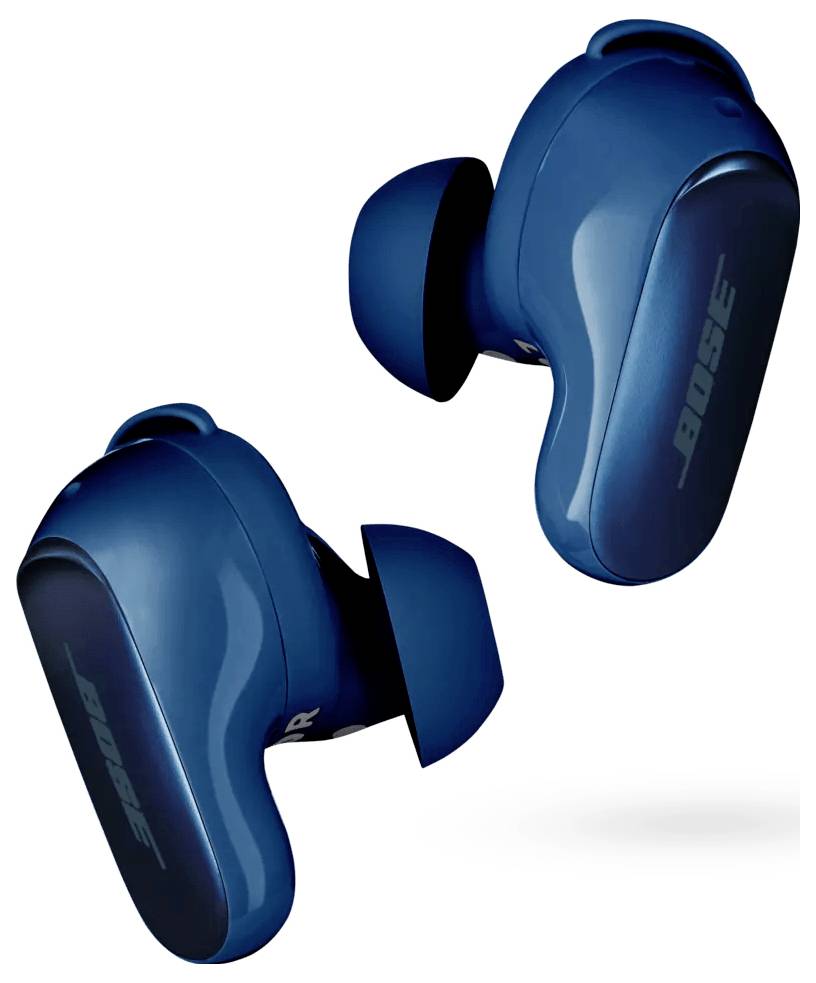 Modré bezdrátové sluchátka značky 'Bose' zobrazené z bočního úhlu, zvýrazňující ergonomický design a tvar špuntu do ucha.