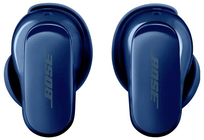 Modré bezdrátové sluchátka do uší s logem 'Bose' na každém z nich, navržené pro nošení v uchu, vyznačující se elegantním, ergonomickým designem pro pohodlné nošení.