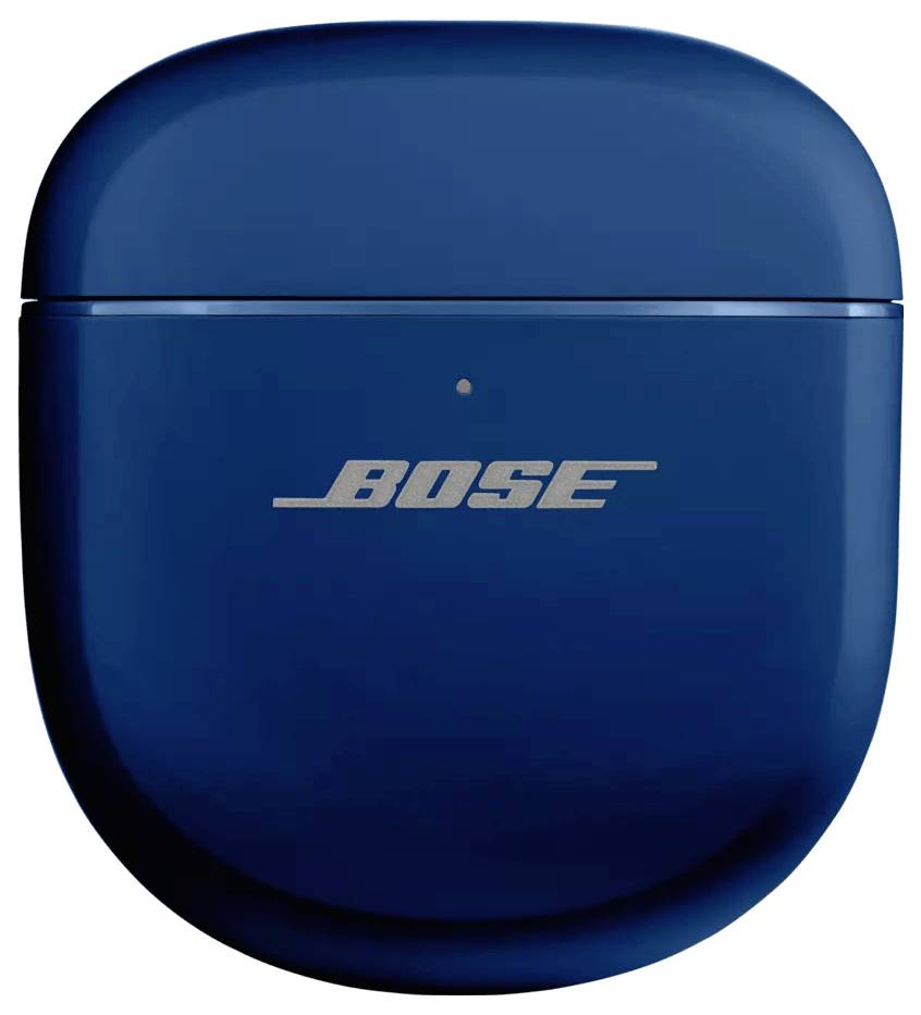Modrý nabíjecí obal sluchátek Bose s logem Bose na přední straně.