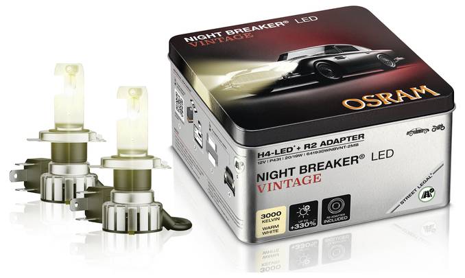 OSRAM Night Breaker Vintage LED autožárovky, obal s klasickým obrázkem automobilu. Obsahuje dvě žárovky, zvýrazněné pro automobilové použití.