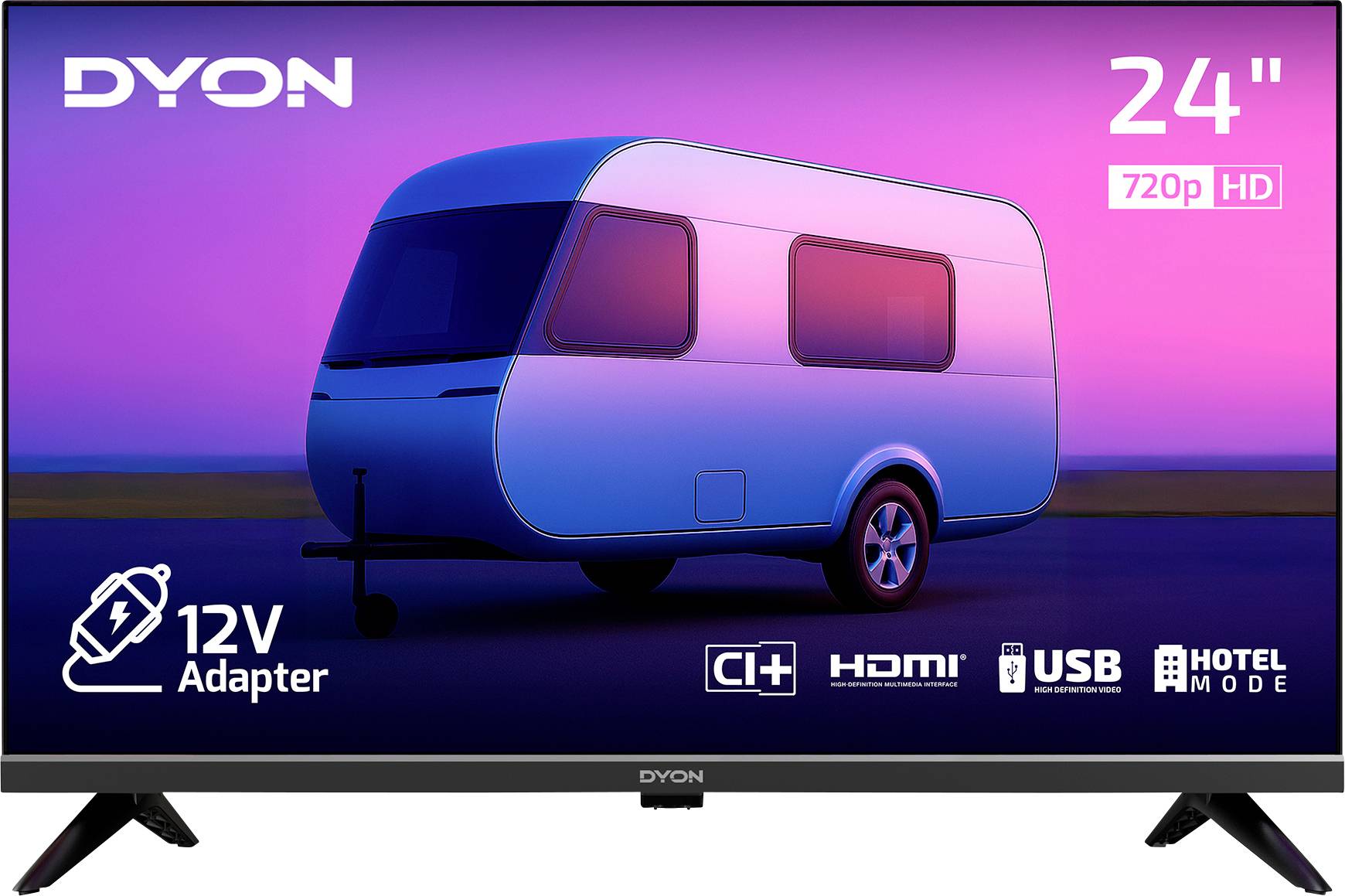 24palcová televize Dyon zobrazující obraz karavanu při západu slunce. Funkce zahrnují 720p HD rozlišení, 12V adaptér, CI+, HDMI, USB a hotelový režim.