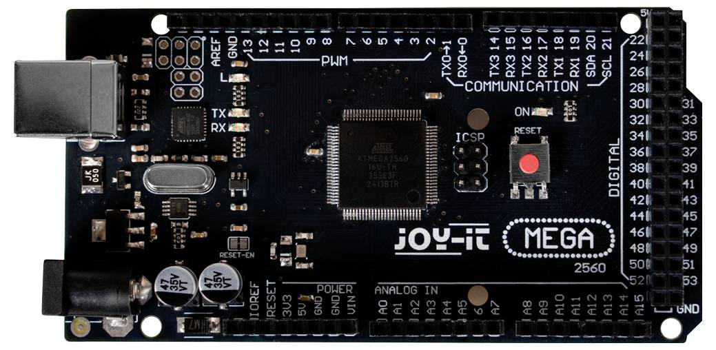 'Joy-It Mega 2560 mikrořadič s označenými porty a komponenty. Obsahuje USB připojení, digitální a analogové piny.'