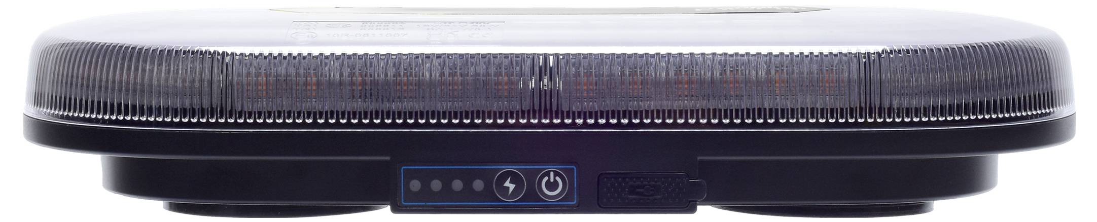 Kulatý černý elektronický přístroj s průhledným horním povrchem, který má na přední straně řadu LED světel a ovládacích tlačítek.