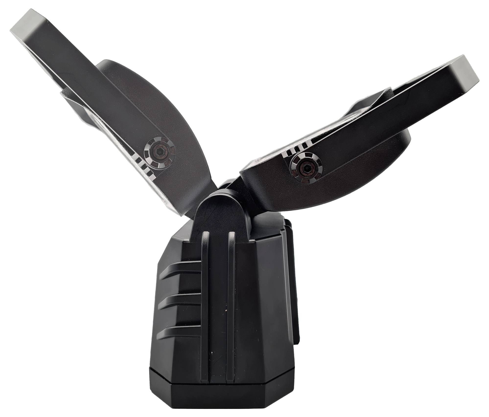 Obrázek zobrazuje černý CD přehrávač se dvěma mechanikami v otevřené poloze, jehož výklopné podavače jsou mírně nakloněné nahoru, s viditelnými klouby a zaoblenými hranami.