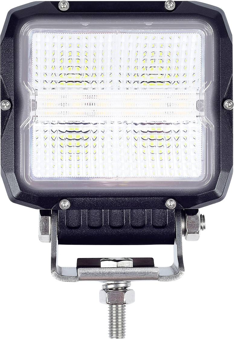 Čtvercové LED pracovní světlo s černým rámem, zobrazující několik malých LED žárovek, nasazené na nastavitelném držáku s upevňovacím šroubem.