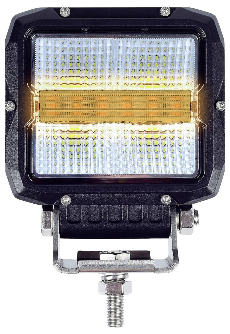 LED pracovní světlo ve čtvercovém tvaru s robustním montážním úchytem, které zobrazuje mřížku malých žárovek a centrální oranžový pruh, navržené pro venkovní použití.