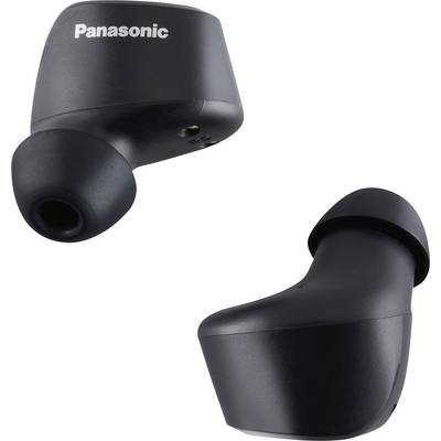 Černé bezdrátové sluchátka Panasonic s ergonomickým designem jsou zobrazena z různých úhlů, přičemž zvýrazňují jejich tvar a název značky.
