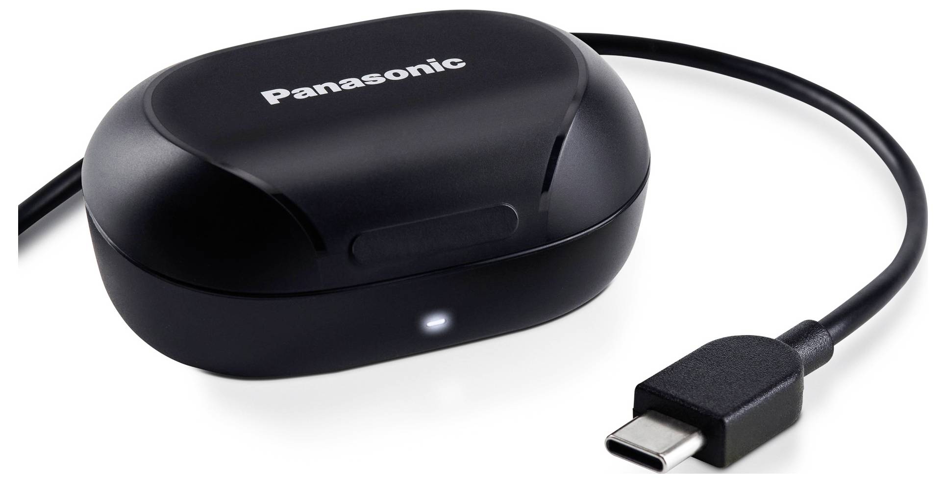 Černý nabíjecí obal sluchátek Panasonic připojený k USB-C kabelu, s malou rozsvícenou indikační kontrolkou, což naznačuje, že je právě používán.
