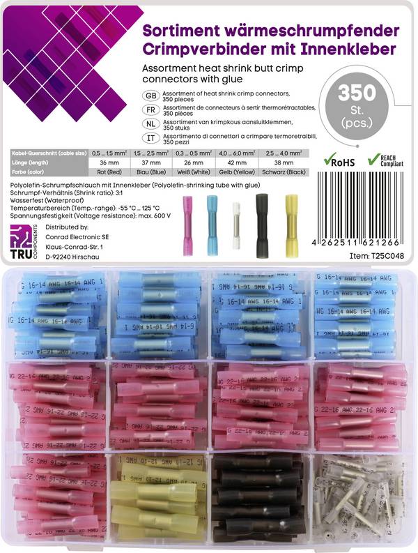 TRU COMPONENTS T25C048 krimpovací spojka se smršťovací bužírkou 0.3 mm² 6.0 mm² plná izolace bílá, červená, modrá, černá, žlutá 350 ks