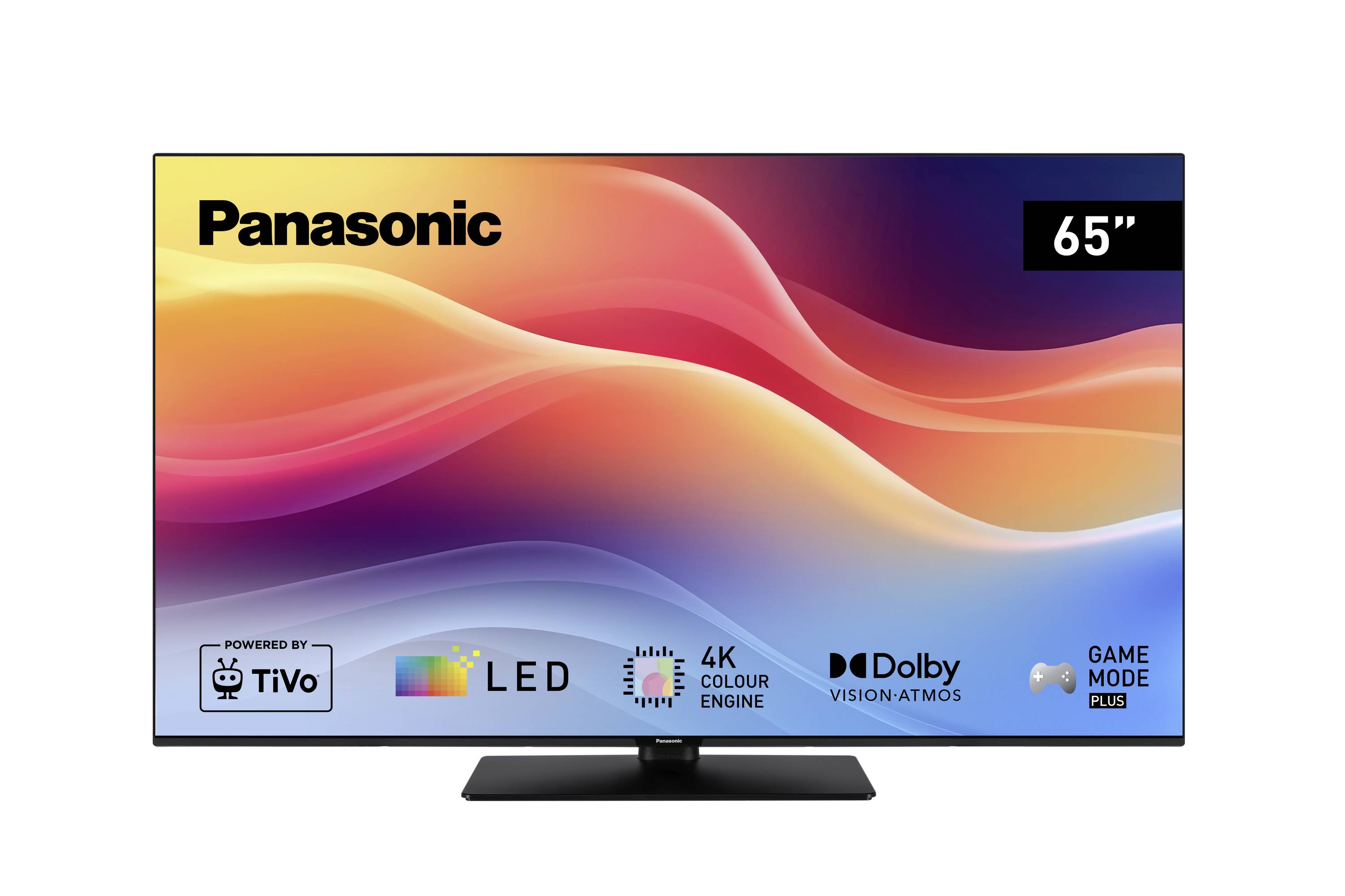 65" Panasonic LED televize s displejem zobrazujícím sytné barvy a loga, zvýrazňující funkce jako 4K Colour Engine, Dolby Vision-Atmos a herní režim.