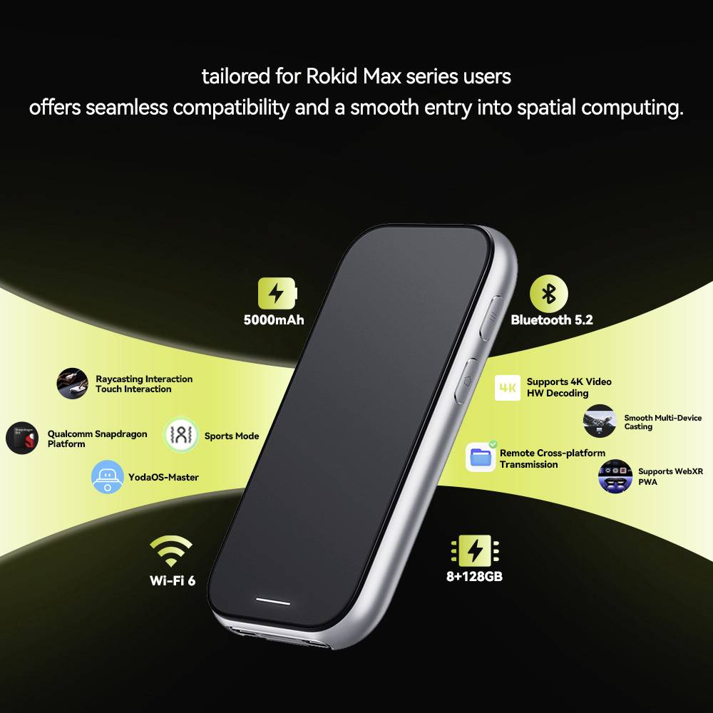 Smartphone vyvinutý speciálně pro uživatele série Rokid Max s bezproblémovou kompatibilitou, baterií 5000mAh, Bluetooth 5.2, Wi-Fi 6, úložištěm 8+128GB.
