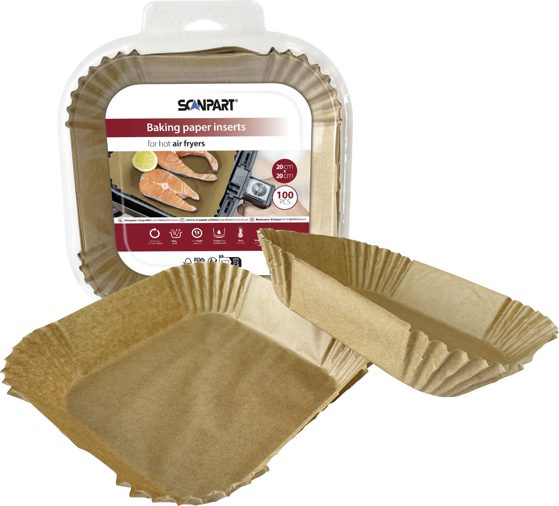 Pečicí papírové vložky Scanpart do horkovzdušných fritéz, balení obsahuje dva papírové vložky. Pro horkovzdušné fritézy, průměr 20 cm, 100 listů.