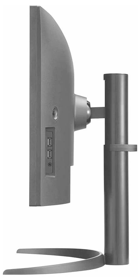 Boční pohled na štíhlý počítačový monitor umístěný na stojanu, zobrazující jeho porty a elegantní design.