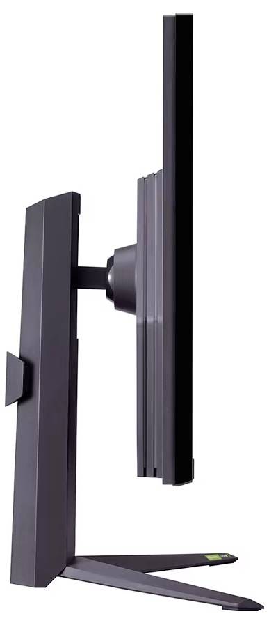 Boční pohled na štíhlý, vzpřímený monitor na stojanu, zobrazující jeho tenký profil a nastavitelný držák.