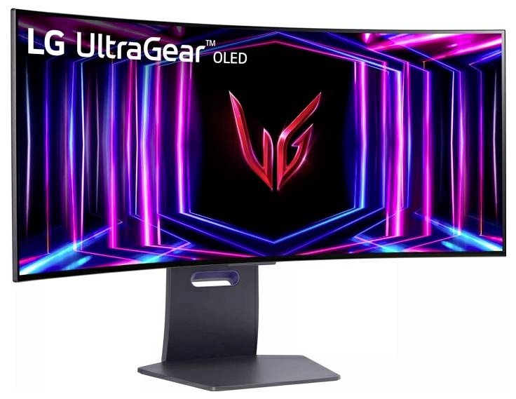 Zakřivený monitor LG UltraGear OLED zobrazující neonové fialové a modré světlo s červeným logem 'LG' uprostřed.