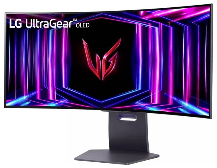 Zakřivený monitor LG UltraGear OLED s živými, vícebarevnými neonovými grafikami na obrazovce, uprostřed s výrazným červeným logem „VG".
