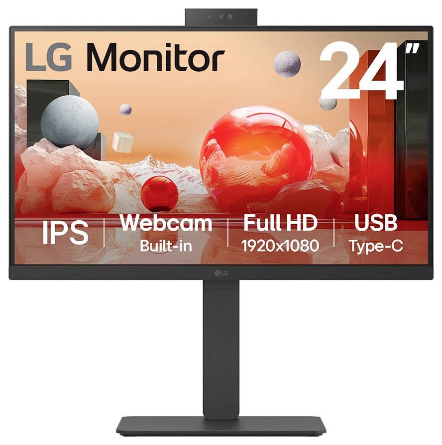 24palcový monitor LG s IPS panelem, vestavěnou webkamerou, rozlišením Full HD 1920x1080 a rozhraním USB Type-C. Na pozadí jsou červené a šedé koule.