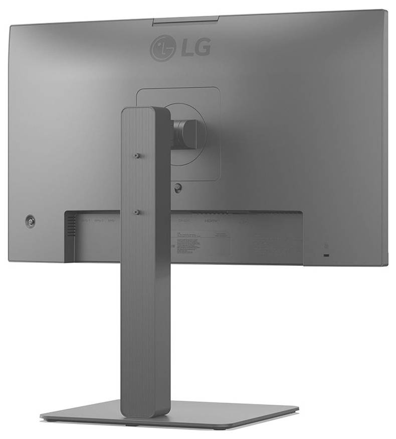 Monitor značky LG pohledem zezadu na stojanu, který ukazuje elegantní, moderní design s čistými liniemi a funkcemi pro organizaci kabeláže.