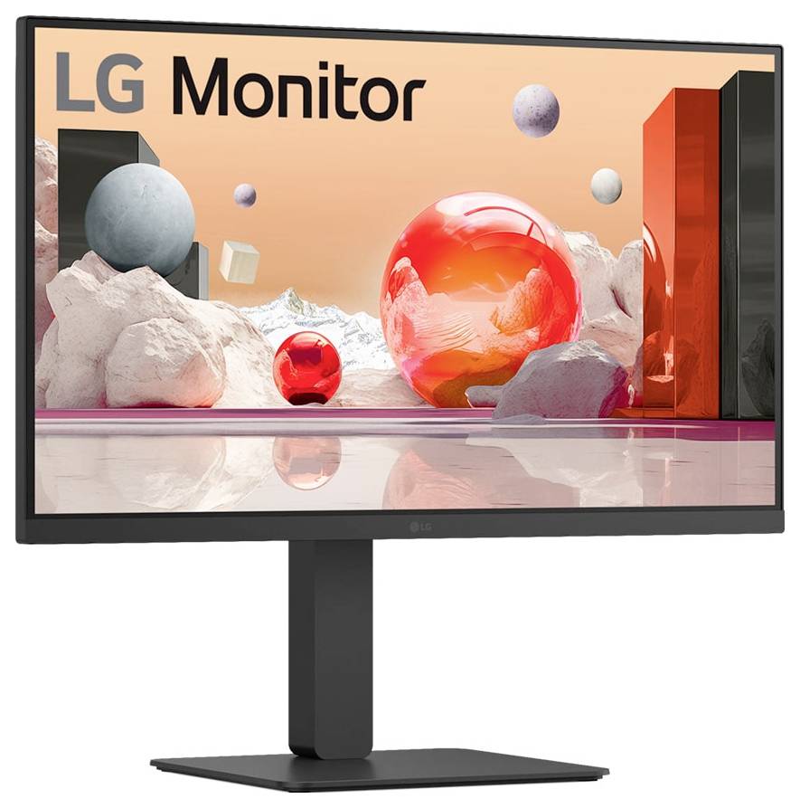 Počítačový monitor s propagačními obrázky s abstraktními tvary a textem "LG Monitor" na obrazovce.