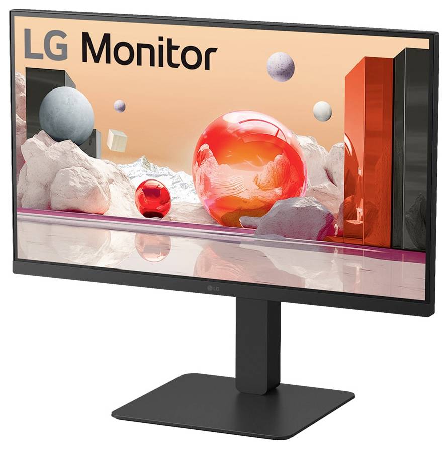 Monitor LG zobrazující krajinný obraz na obrazovce s abstraktními sférami a pravoúhlými tvary v moderním, barevném designu.