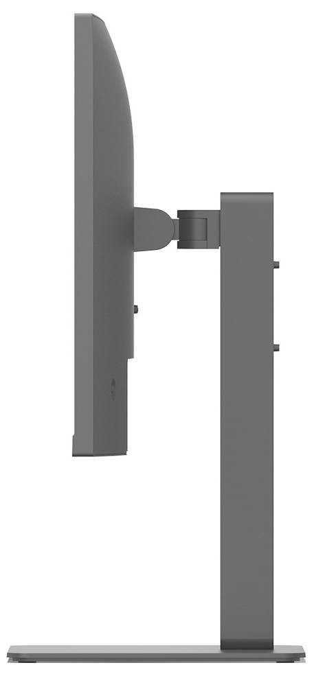 Boční pohled na plochý počítačový monitor s elegantním, moderním designem, umístěný na obdélníkovém podstavci.