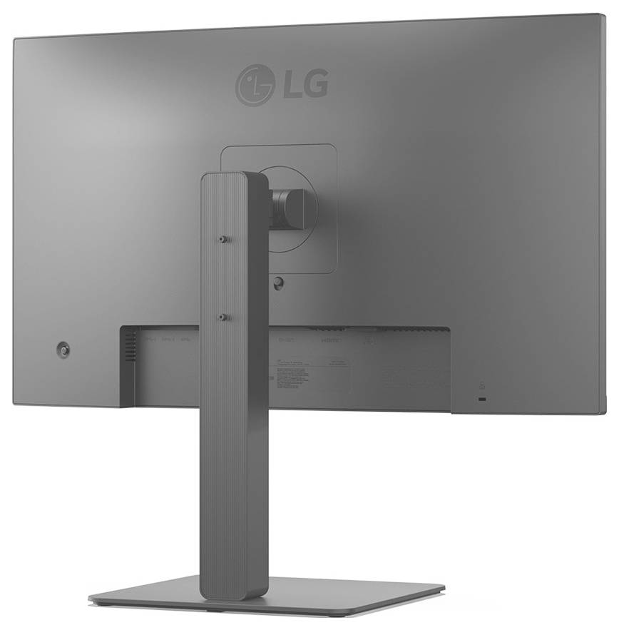 Zadní pohled na šedý počítačový monitor LG na stojanu, zobrazující porty a větrací otvory. Nejsou připojeny žádné kabely.