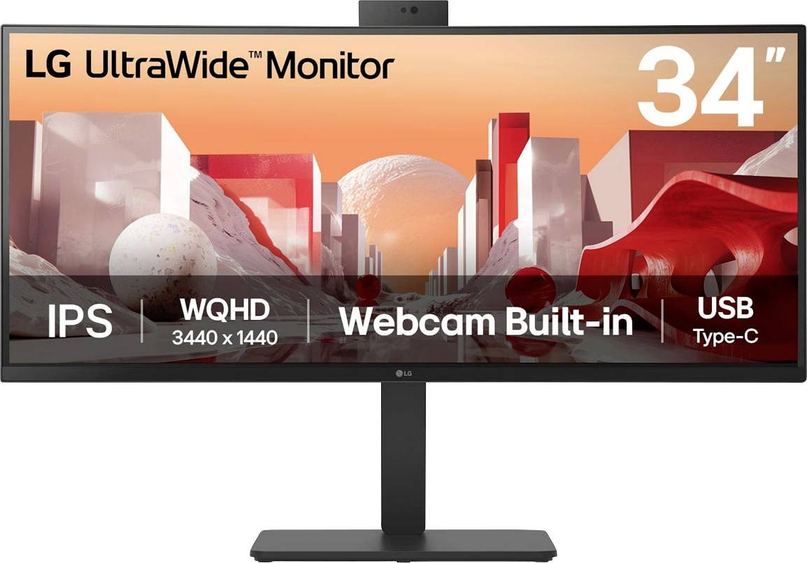 34palcový monitor LG UltraWide s funkcemi: IPS panel, rozlišení WQHD 3440 x 1440, vestavěná webkamera a připojení USB Type-C.