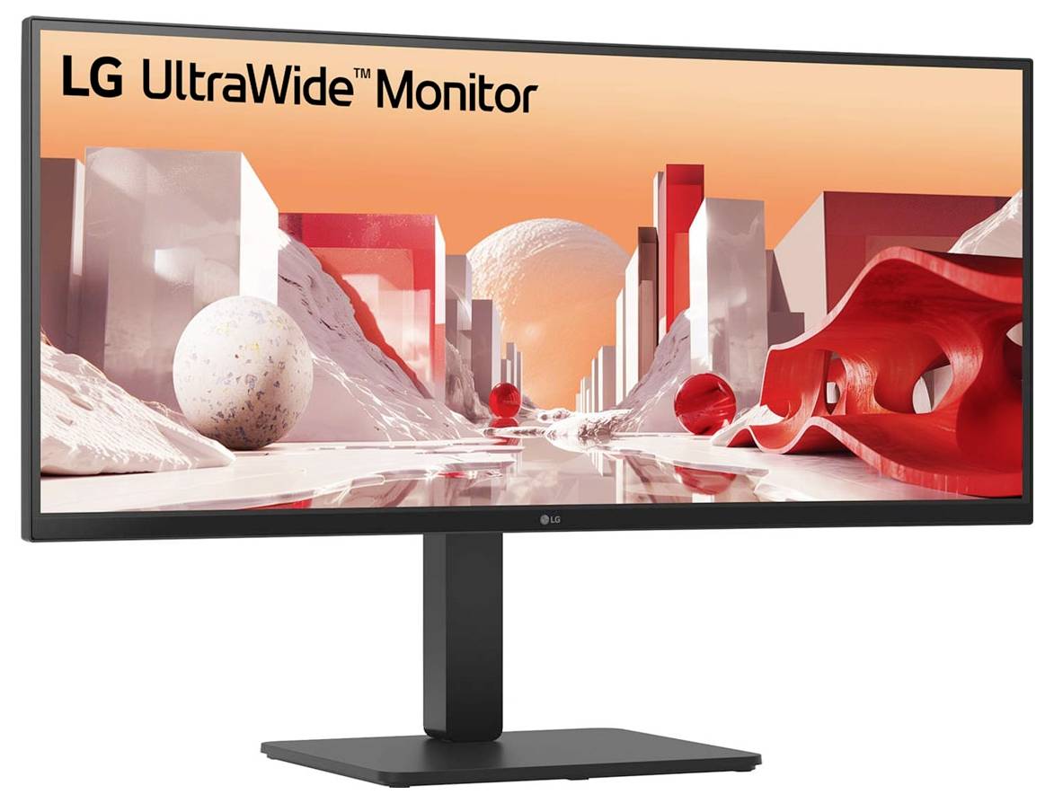 Monitor LG UltraWide s futuristickou, abstraktní červeno-bílou digitální uměleckou scénou na obrazovce.