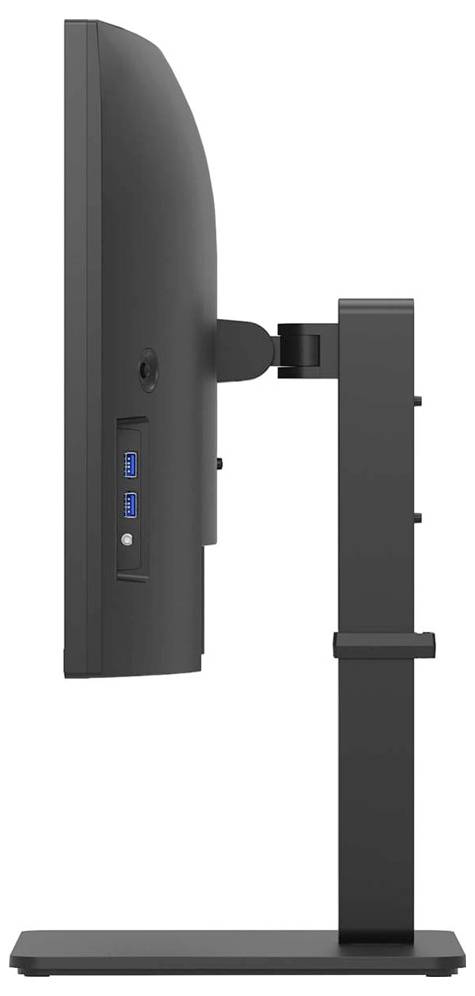 Boční pohled na černý počítačový monitor na stojanu, který ukazuje snadno dostupné USB porty. Monitor je tenký a nastavitelný.