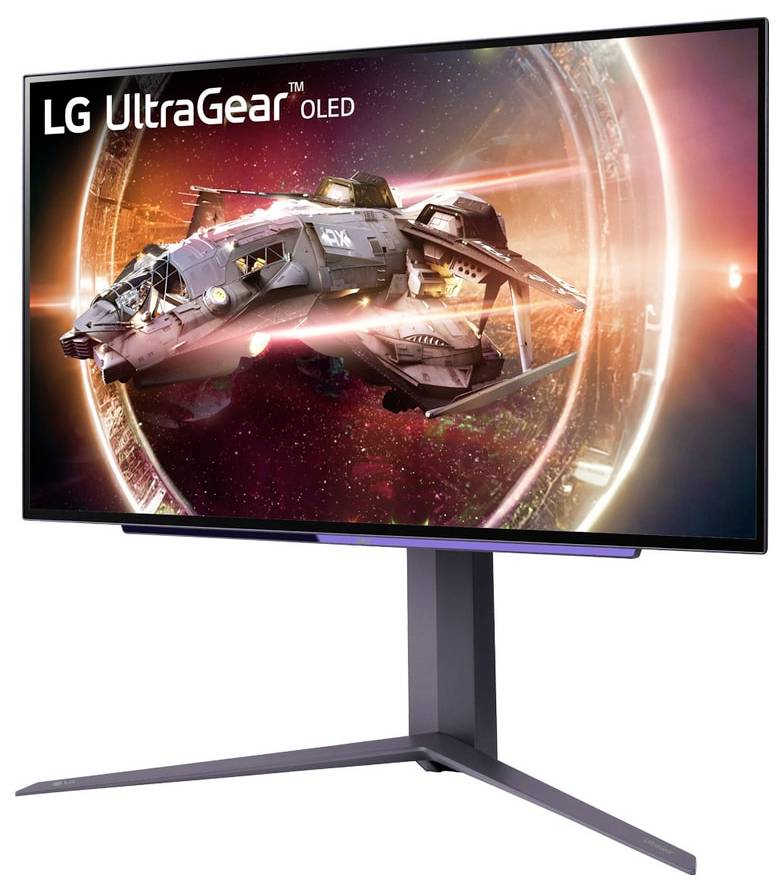 Monitor LG UltraGear OLED zobrazující vesmírnou loď z videoherní scény.
