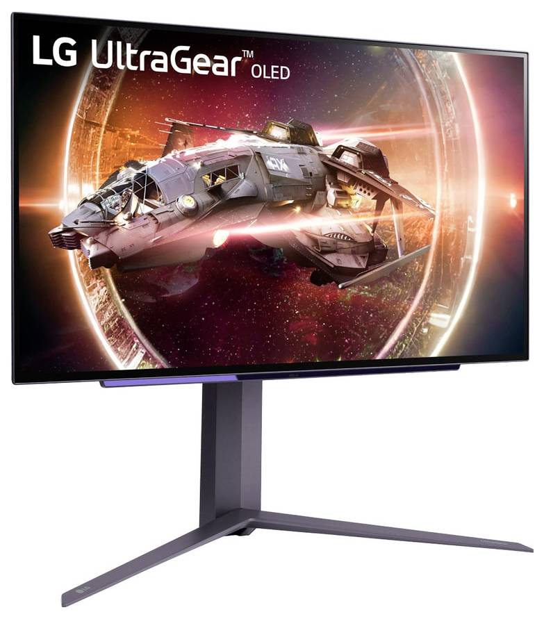 Herní monitor zobrazující vesmírnou loď na živém, kosmickém pozadí. Text hlásá 'LG UltraGear OLED'. Moderní design stojanu.